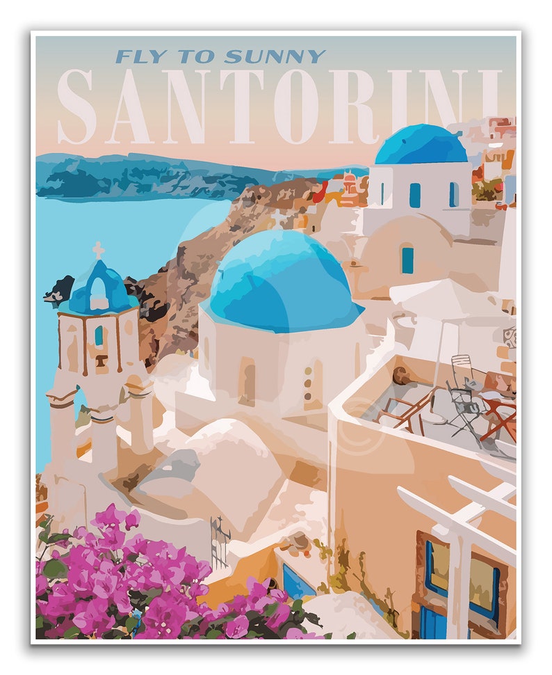 Santorini Grekland Vintage Style Travel Print, Santorini Poster bild 2
