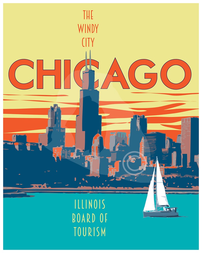 Chicago Travel Poster Vintage Chicago Travel Poster Chicago Etsy