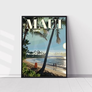 Maui Hawaii Print, Hawaii Beach Vintage Style Travel Poster