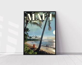 Maui Hawaii Print, Hawaii Beach Vintage Style Travel Poster