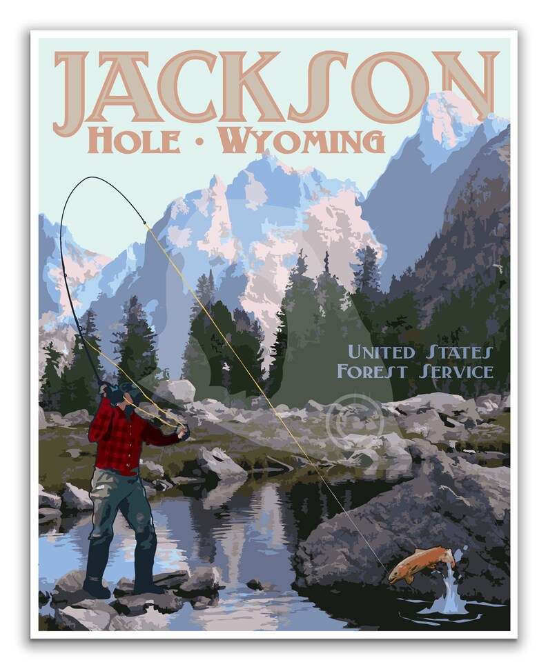 Jackson Hole Print, Jackson Wyoming Vintage Style Travel Poster image 2