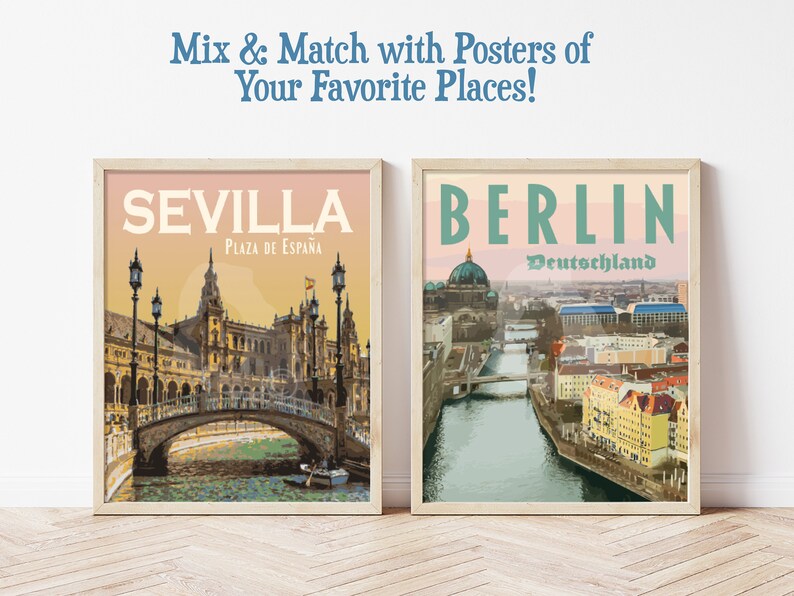 May include: Two framed travel posters, one featuring a view of Seville, Spain with the text "SEVILLA Plaza de Espana" and the other featuring a view of Berlin, Germany with the text "BERLIN Deutschland".