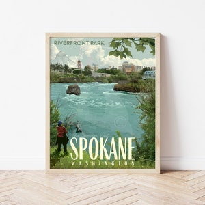 Pôster de Spokane Washington, impressão do parque à beira-rio de Spokane, arte de Spokane Falls, arte de viagem em estilo vintage de Spokane