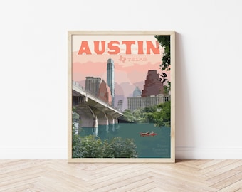 Austin Texas Travel Poster, Austin Texas Vintage Style Print