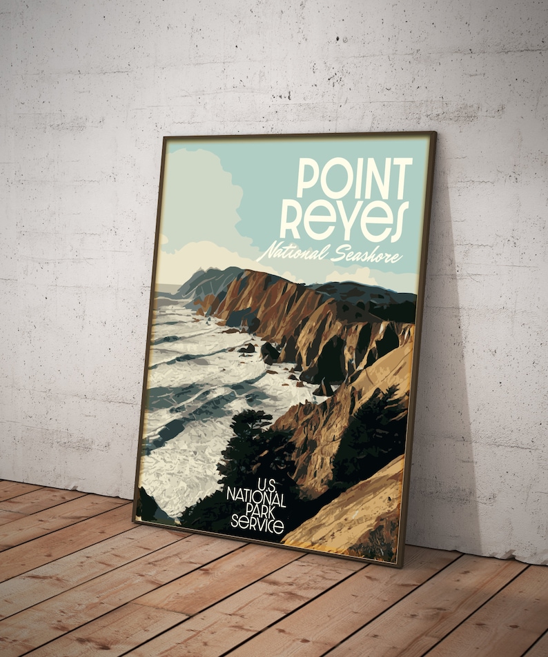 Point Reyes National Seashore Vintage Style Reiseposter, Point Reyes Kalifornien Druck Bild 1