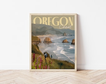 Oregon Coast Print, Oregon Coast Vintage Style Travel Poster