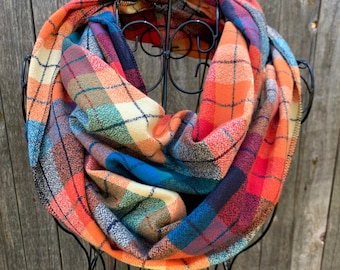 Rainbow Ombré Plaid Infinity Scarf, Mediumweight Brushed Cotton Scarf