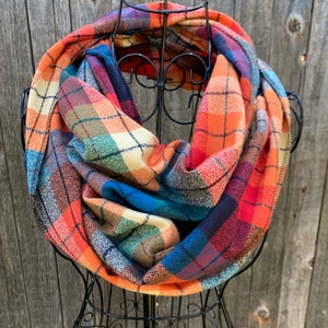 Rainbow Ombré Plaid Infinity Scarf, Mediumweight Brushed Cotton Scarf