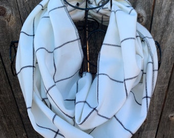 White and Black Plaid Infinity Scarf