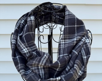 Grey and White Plaid Infinity Scarf, Mediumweight Brushed Cotton Scarf