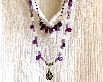 ganesha in amethyst- purple  double strand leather silver necklace raw & cut gemstone buddhist pendant sundance style  boho adjustable  long