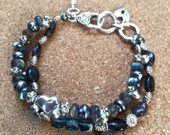land of labradorite- blue double strand bracelet thai silver beads charms london blue pearl heart clasp gemstone sundance style boho