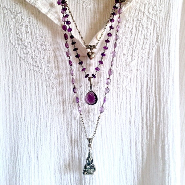 buddha's bliss- amethyst triple strand silver pendant huge purple amethyst gemstone beaded necklace sundance style boho thai heart long