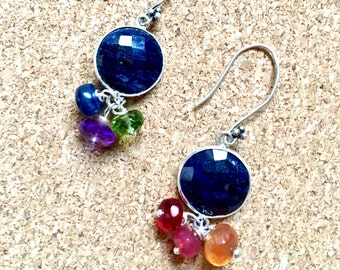 royal rainbows-  blue sapphire connectors with rainbow colored gemstone beads hanging asymmetrically silver drops boho