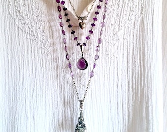 buddha's bliss- amethyst triple strand silver pendant huge purple amethyst gemstone beaded necklace sundance style boho thai heart long