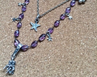 in the stars! astrological pendant amethyst beaded chain silver stars double strand sundance style boho choose zodiac charm necklace