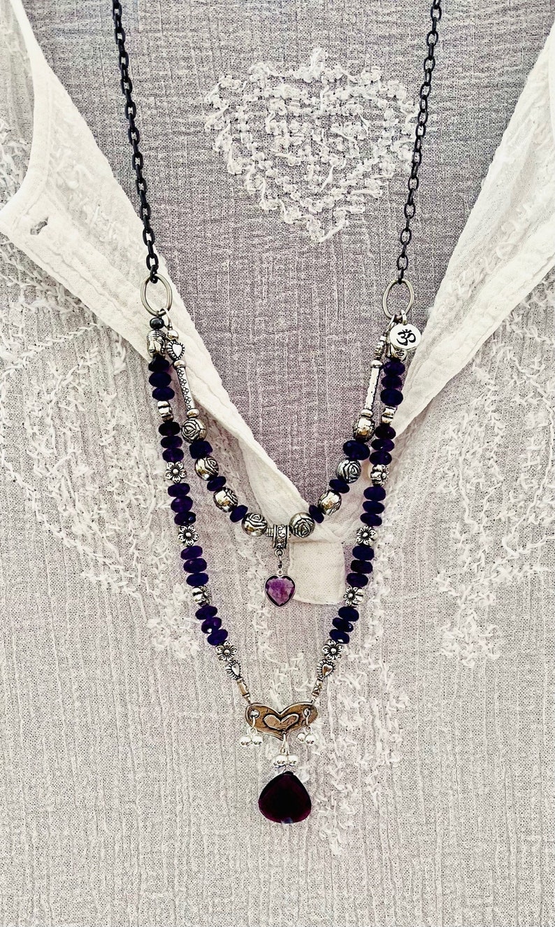 make a wish amethyst double strand necklace silver pixie pendant beaded love charms thick gunmetal chain sundance style boho gemstone image 2