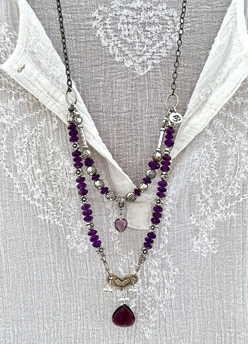 make a wish amethyst double strand necklace silver pixie pendant beaded love charms thick gunmetal chain sundance style boho gemstone image 5