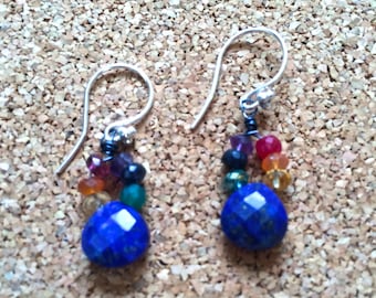 lapis littles- rainbow & blue silver sundance style boho dangle gemstone earrings