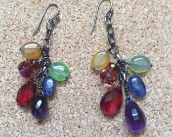 color cascade- multi gemstone cluster earringsl sundance style boho rainbow beaded dangle earrings