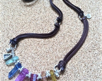 with bells on!* raw crystal leather necklace  titanium quartz points silver balls buddha charm sundance style boho necklace