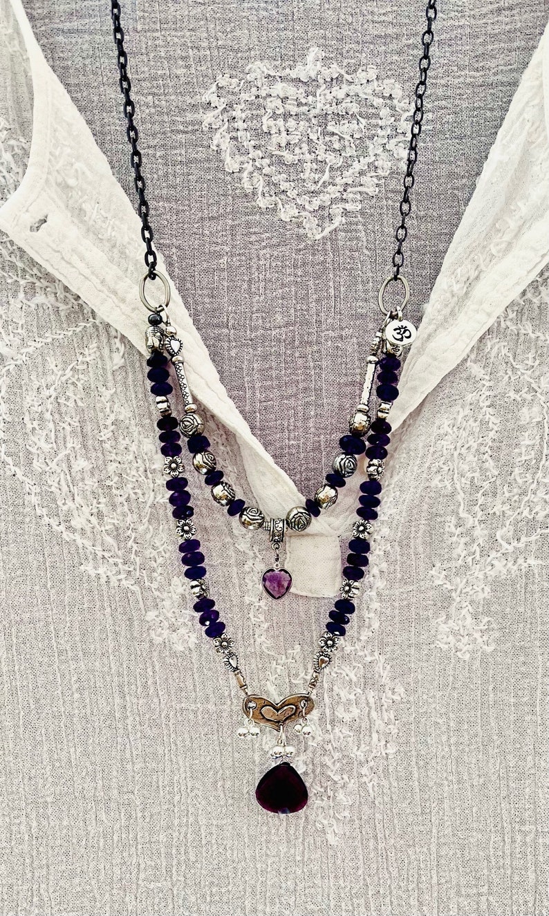 make a wish amethyst double strand necklace silver pixie pendant beaded love charms thick gunmetal chain sundance style boho gemstone image 4