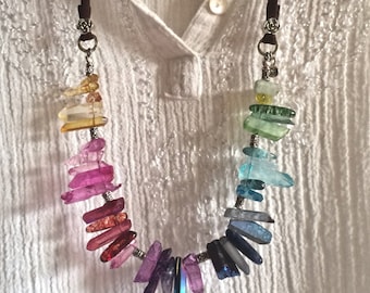 she's like a rainbow! multicolor raw gemstone crystal points necklace adjustable leather & silver boho healing energy