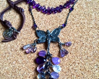 fairy queen- gemstone necklace purple amethyst cluster silver charm double strand long leather boho medieval jewelry