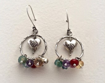 rainbow love hoops! multicolor gemstones on hoops bali heart inside- earrings antique silver french wire