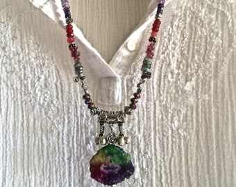 geode gypsy! rare rainbow druzy pendant long multicolor gemstone beaded necklace thai silver bells charms chain hippie sundance style boho