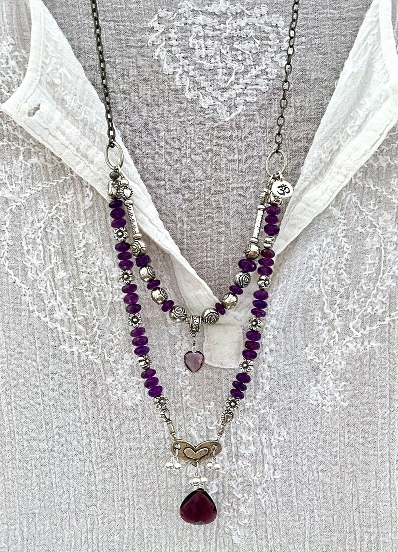 make a wish amethyst double strand necklace silver pixie pendant beaded love charms thick gunmetal chain sundance style boho gemstone image 1