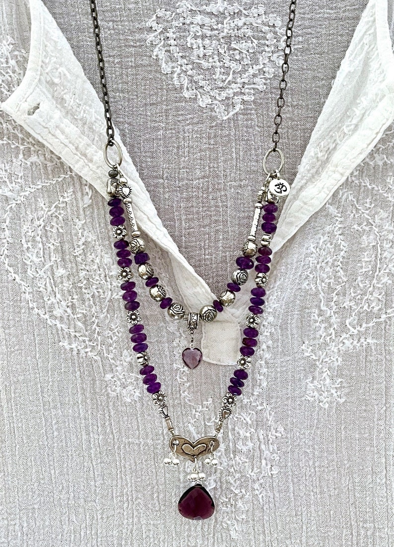 make a wish amethyst double strand necklace silver pixie pendant beaded love charms thick gunmetal chain sundance style boho gemstone image 3