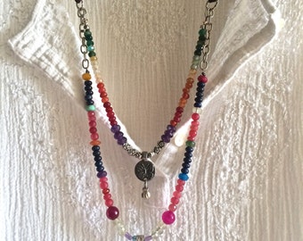 doubly dazzling*- double strand multicolor gemstone necklace candy color beaded silver charms sundance style leather adjustable long boho