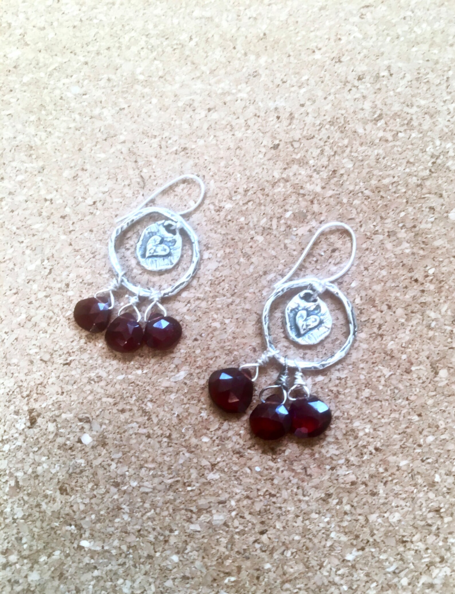 Love wine garnet silver hoop earrings 3 dark red gemstones | Etsy