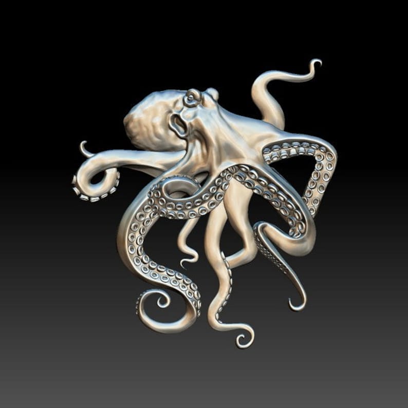 K&ouml;nnte beinhalten: Eine silberfarbene Oktopus-Skulptur mit acht Tentakeln. Der Oktopus ist mit seinen Tentakeln gekr&uuml;mmt und ausgestreckt dargestellt, was ein dynamisches und komplexes Design ergibt.
