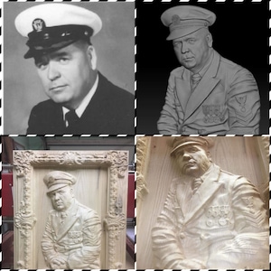 May include: A black and white photograph of a man in a navy uniform wearing a white hat. The photo is next to a 3D carved wooden portrait of the same man in a similar uniform. The portrait is framed in a wooden frame.
