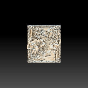 May include: A detailed, 3D-carved wooden plaque depicting a pheasant in flight with two dogs in a forest setting. The plaque is framed with an ornate border.