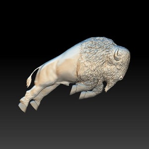 May include: A detailed 3D printed model of a bison, rendered in a light gray color, leaping forward with its head turned to the side. The model captures the animal's powerful musculature and textured fur.
