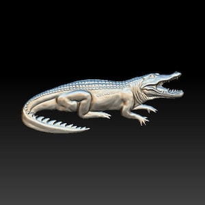May include: A silver-colored alligator sculpture with an open mouth and detailed scales. The alligator is posed in a walking position with its tail curled behind it.