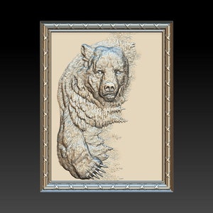 May include: A detailed, 3D relief carving of a bear's head and shoulder, framed in a silver-colored frame. The bear is depicted in a realistic style, with fur and facial features rendered in detail.