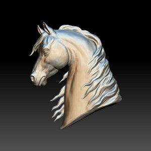 May include: A silver-colored sculpture of a horse's head with flowing mane. The horse is facing to the left and has a detailed, realistic appearance.