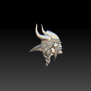 May include: A silver 3D printed Viking head with a horned helmet and a braided beard.
