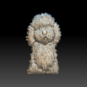 May include: A 3D printed sculpture of a fluffy white dog with a black nose. The dog is standing on a black background.