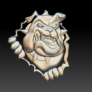 May include: A silver-colored, 3D-rendered bulldog head with an aggressive expression, breaking through a torn-paper effect. The bulldog has sharp teeth and a spiked collar, with its paws visible at the bottom.