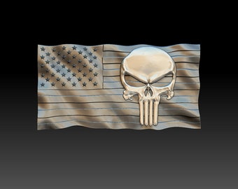 May include: A silver American flag with a silver skull and crossbones in the center. The flag is waving in the wind.