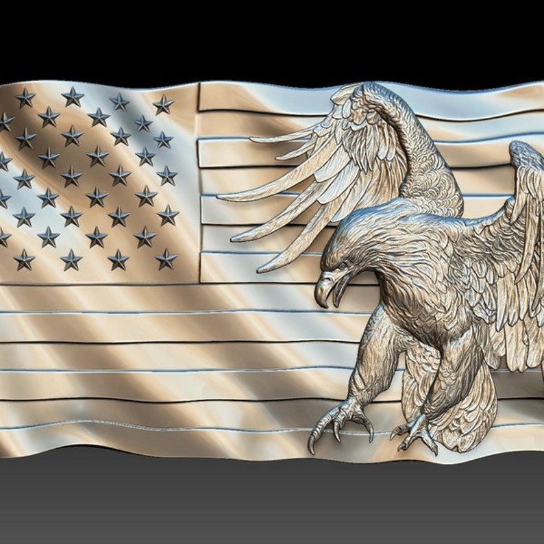 May include: A 3D relief sculpture of an American flag with a bald eagle perched on top. The eagle's wings are spread wide and its talons are gripping the flag. The flag is waving in the wind and the stars and stripes are clearly visible.