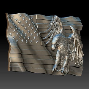 May include: A 3D-printed sculpture of an American bald eagle with wings spread, perched on a waving American flag. The eagle is detailed with textured feathers and a sharp beak. The flag is rendered in a realistic style with red, white, and blue colors.