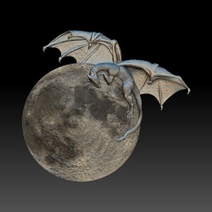 May include: A detailed sculpture of a dragon perched on a textured moon. The dragon is silver with detailed wings and scales. The moon is gray with a rough surface, set against a black background.