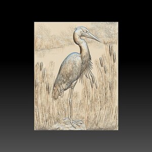May include: A detailed, 3D-style illustration of a gray heron standing in tall grass. The heron has a long, slender neck and a long, pointed beak. The grass is depicted in a textured, almost woven style.