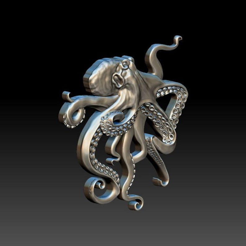 K&ouml;nnte beinhalten: Eine silberfarbene Oktopus-Skulptur mit detaillierten Tentakeln. Der Oktopus ist mit seinen ineinander verschlungenen Tentakeln zusammengerollt.
